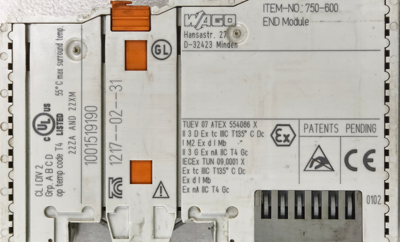 Wago 750-600 End Module 1001519190 1217-02-31 I/O Field Bus Coupler DIN-35 rail