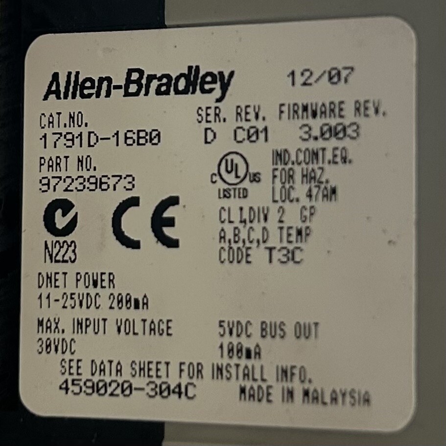 Allen Bradley 1791D-16B0 Ser. D Rev. C01 CompactBlock I/O Module P/N: 97239673
