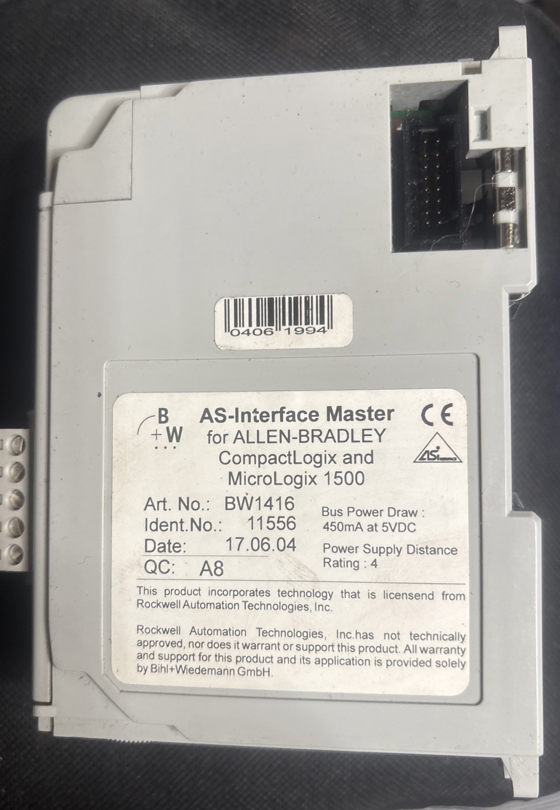 Bihl+Wiedemann BWU1416 AS‑i 3.0 Master Scanner for Allen‑Bradley 1769 PLC RS232