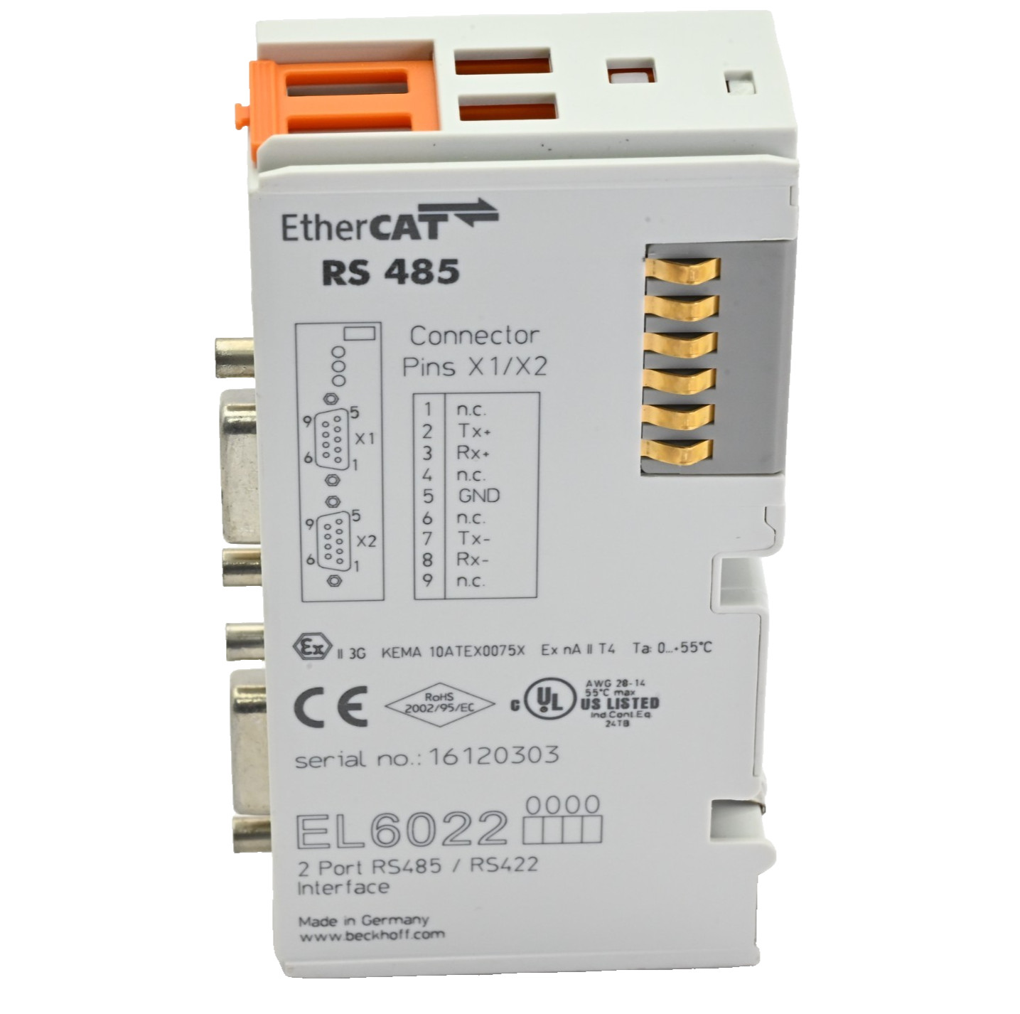 Beckhoff EL6022 EtherCAT Terminal, 2-channel, Serial, RS422/RS485, D-Sub