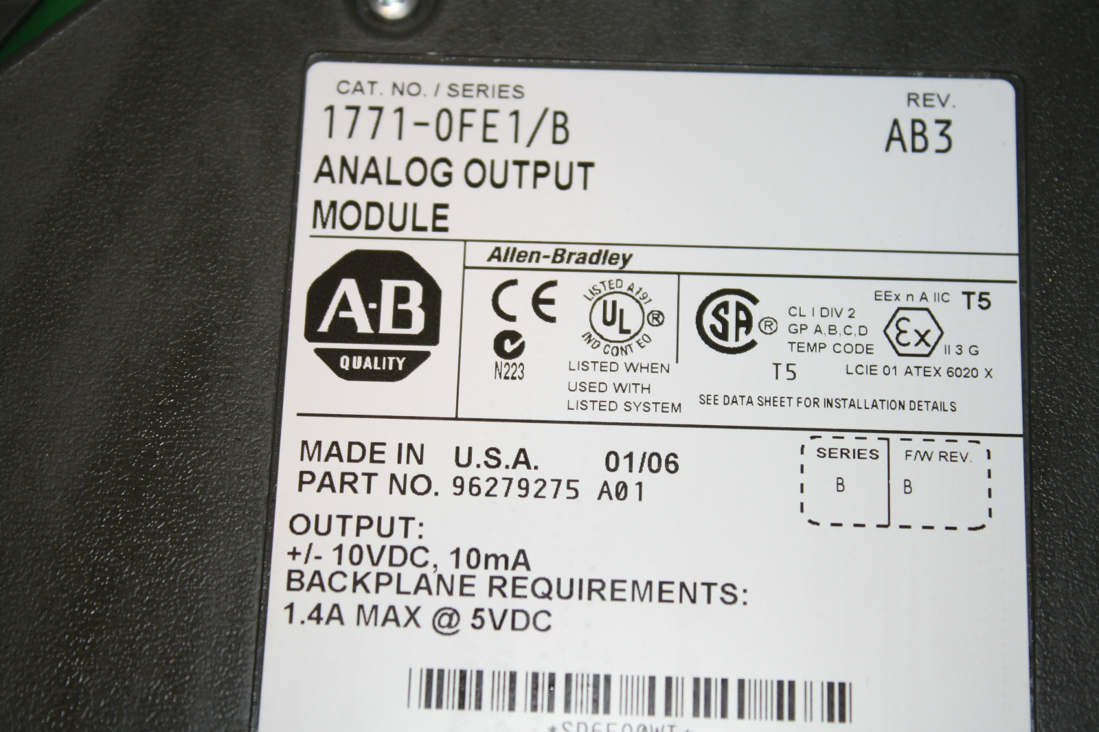 ALLEN BRADLEY 1771-OFE1 ANALOG OUTPUT MODULE, OUTPUT +/- 10 VDC, 10 MA, USED