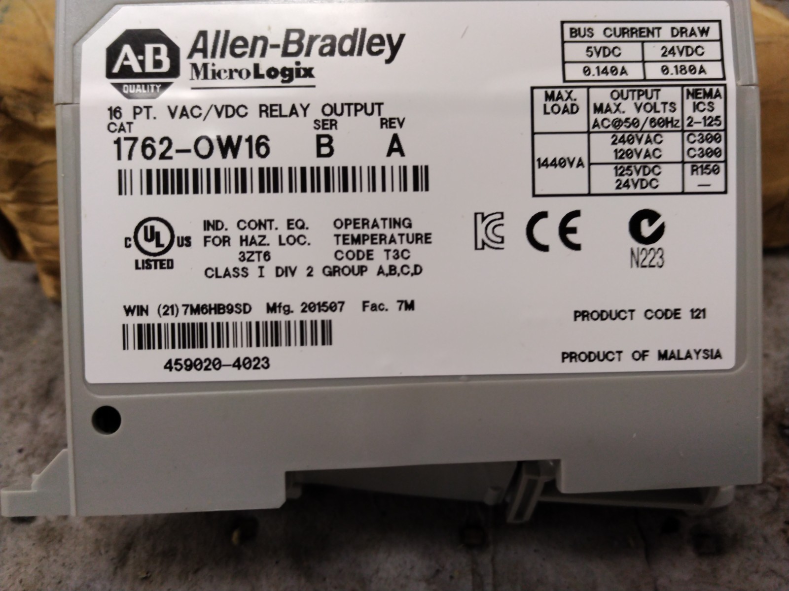 AB, ALLEN-BRADLEY 1762-OW16 MICROLOGIX PLC OUTPUT MODULE, SER. B, REV. A