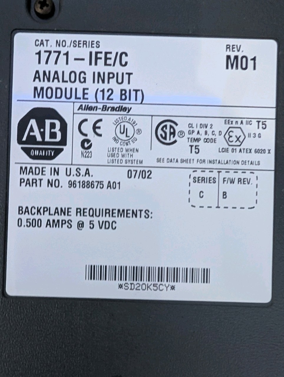 Allen-Bradley 1771-IFE/C – Analog Input Module (12-bit) for PLC-5 systems.