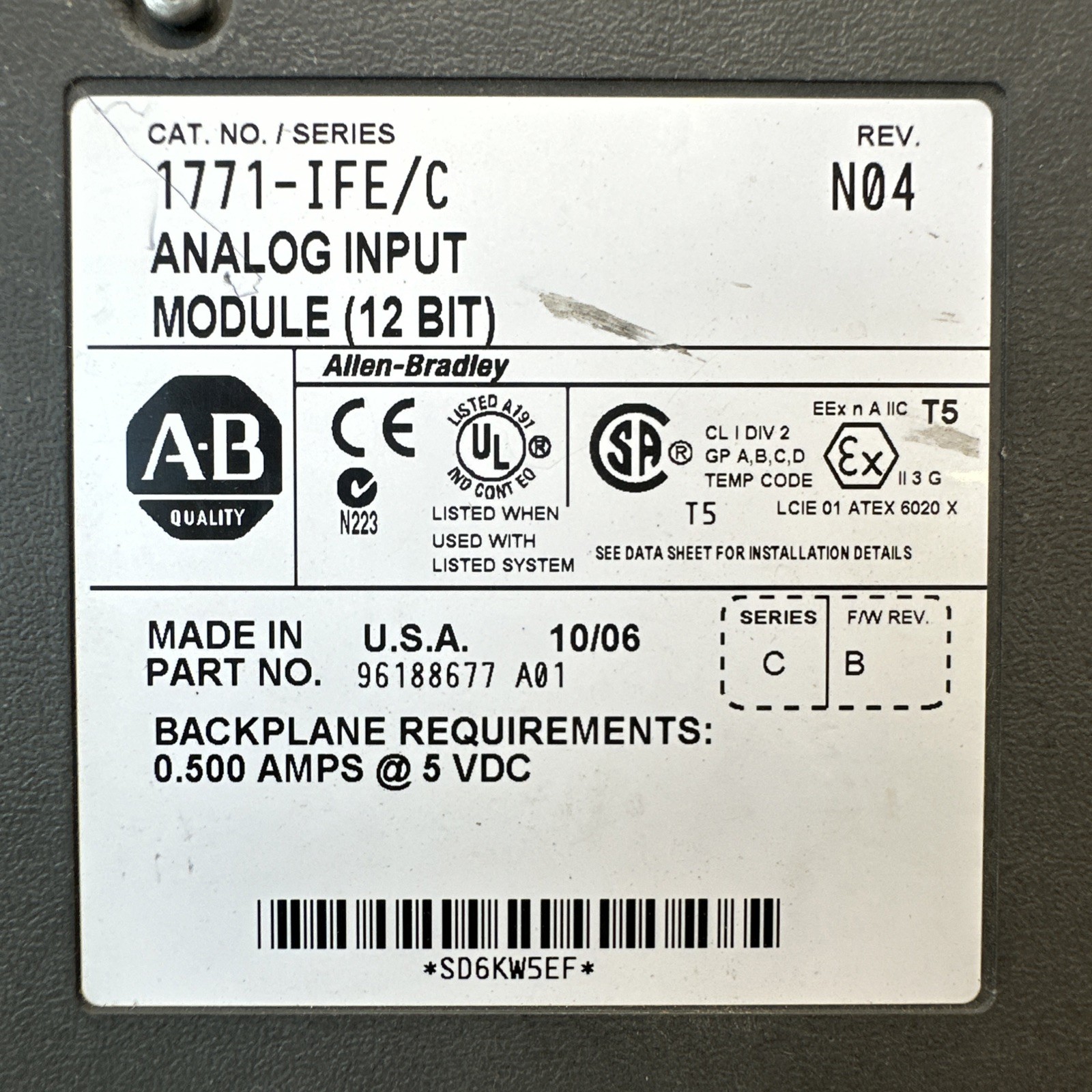PREOWNED- Allen Bradley 1771-IFE/C Analog Input Module (12bit) N04 96188677 A01