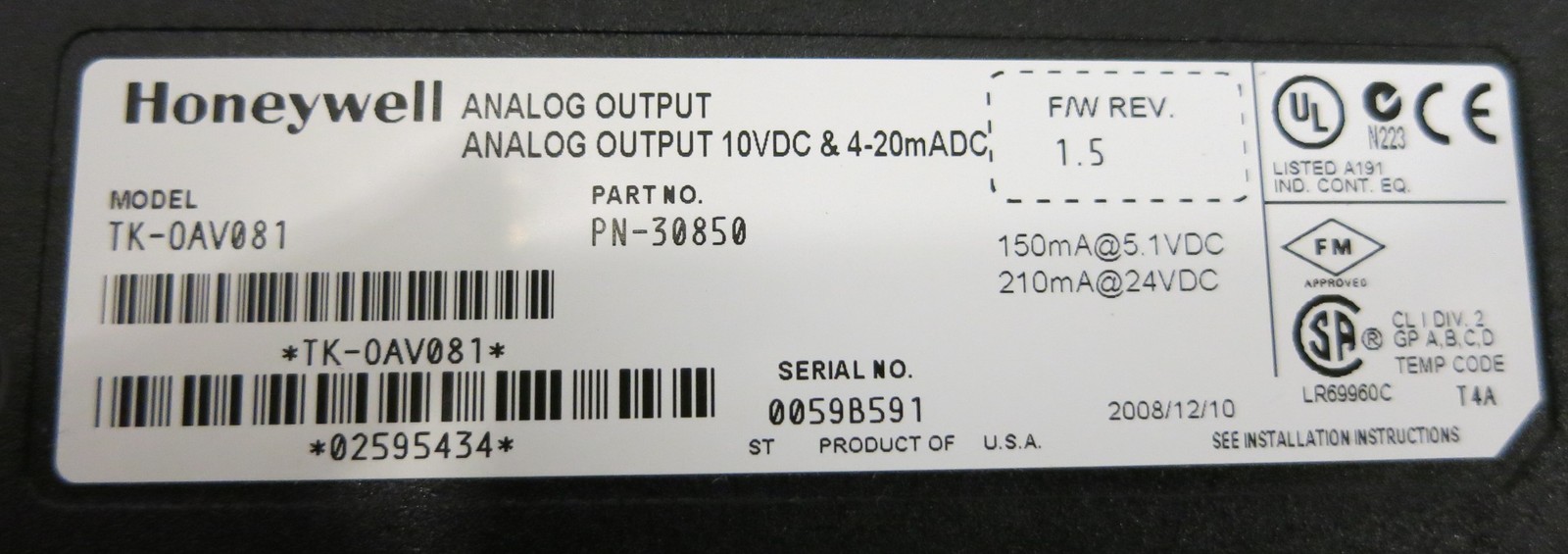 Honeywell TK-OAV081 Analog Output PN-30850 FW Rev: 1.5 PLC