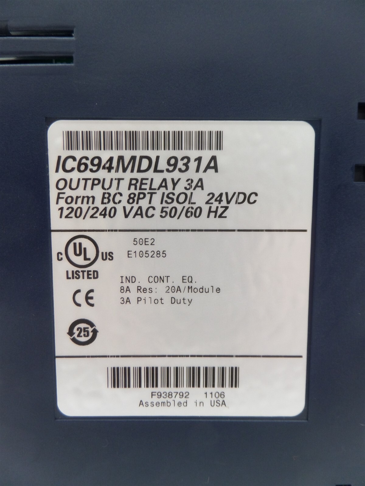 GE Fanuc IC694MDL931A Output Relay 2A Form BC 8PT ISOL 24VDC 120/240VAC 50/60Hz