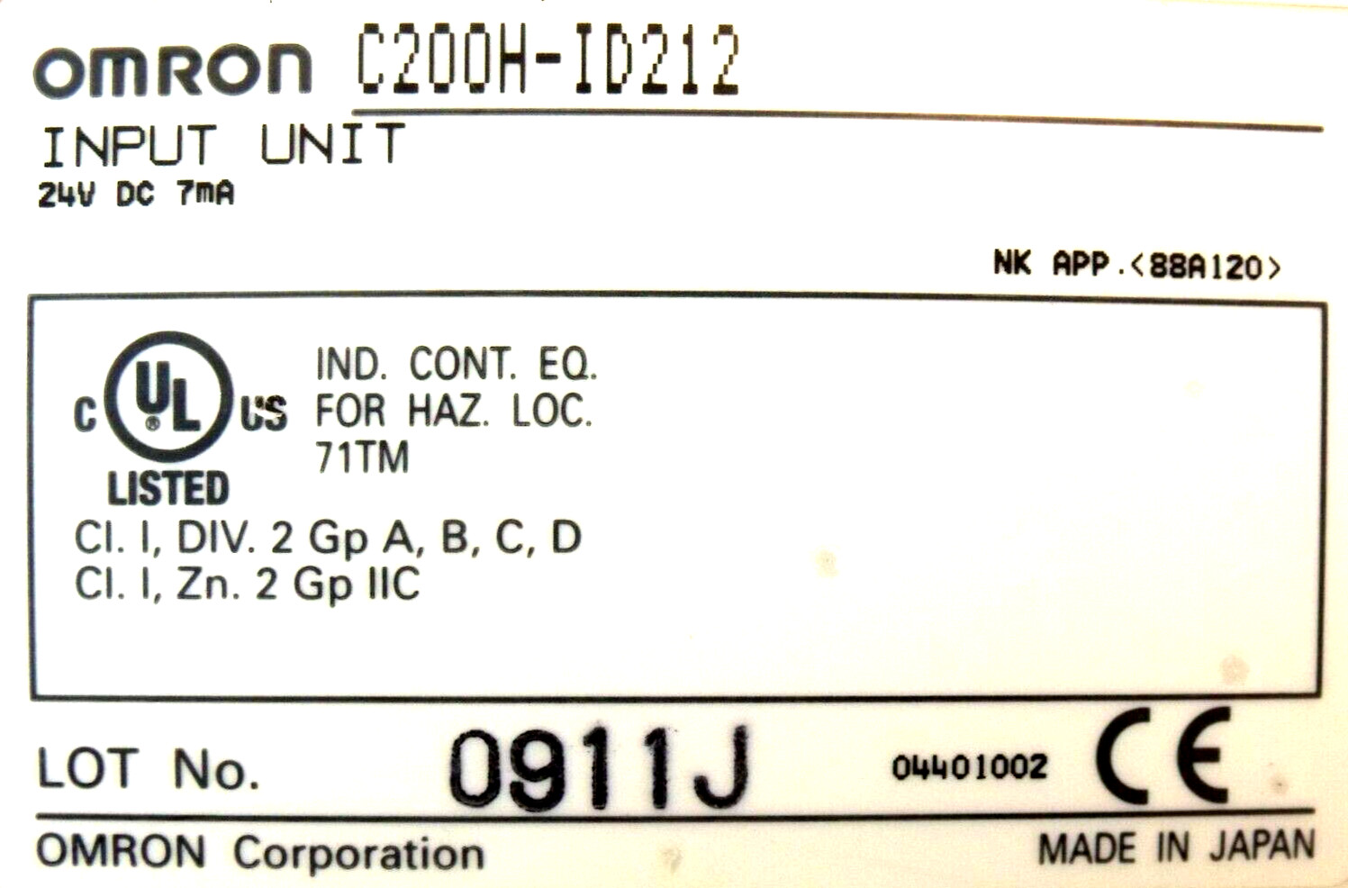 New Omron C200H-ID212 Sysmac Input Module: 24VDC, 16 pt