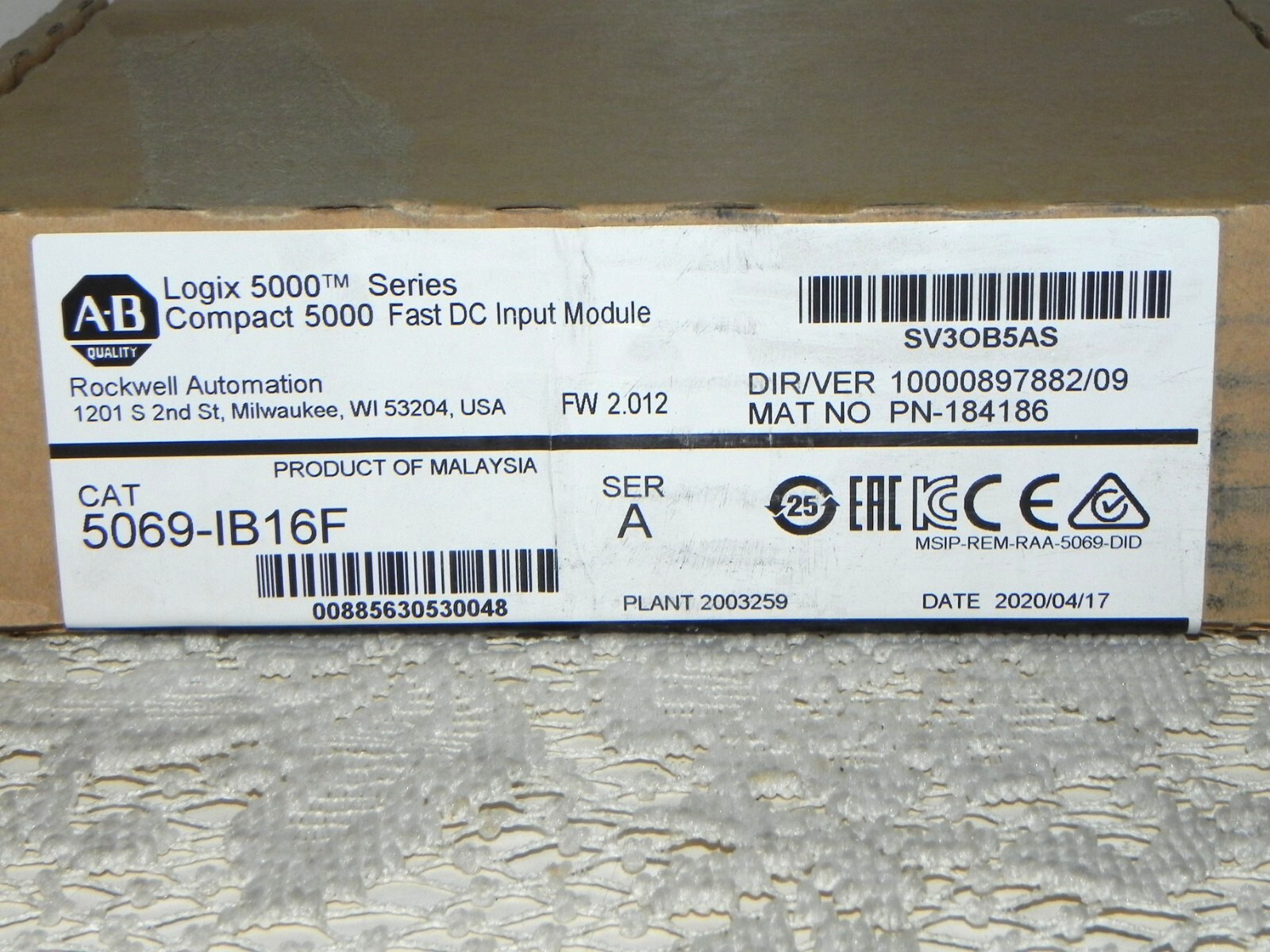 Allen Bradley 5059-1B16F SER A Logix 5000 Compact Fast DC Input Module PN184186