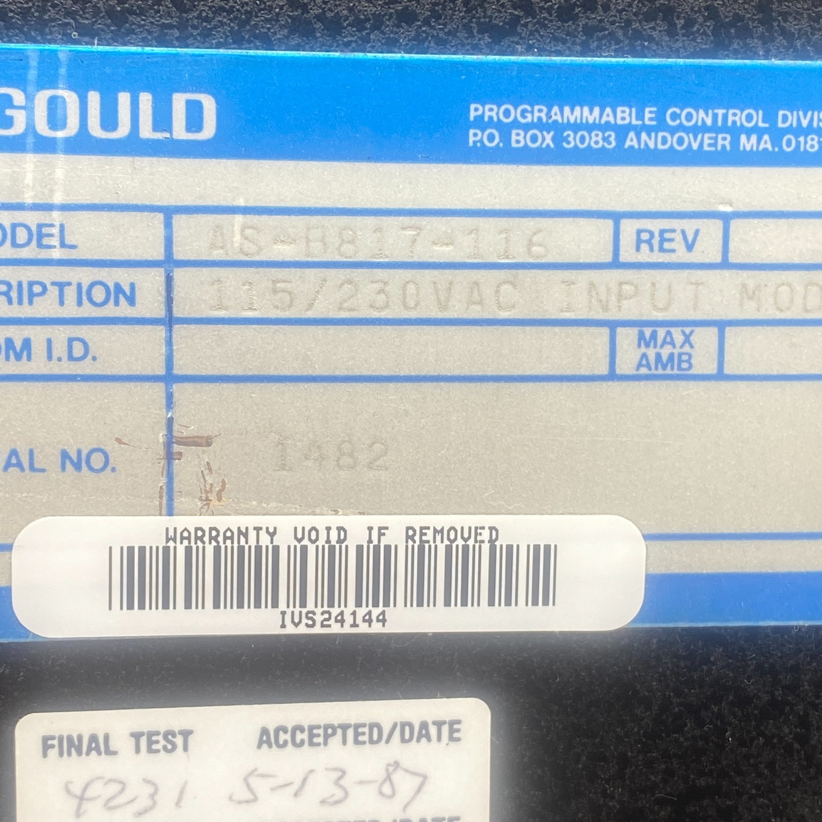 GOULD AS-B817-116 ANALOG INPUT MODULE UNIT 115/230VAC S/N 1482 B817-116 ✅