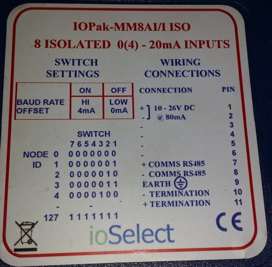 IOSelect IOPak MM8AI/I ISO 8 Channel Isolated 0(4)-20mA Inputs 10-26V DC 80mA