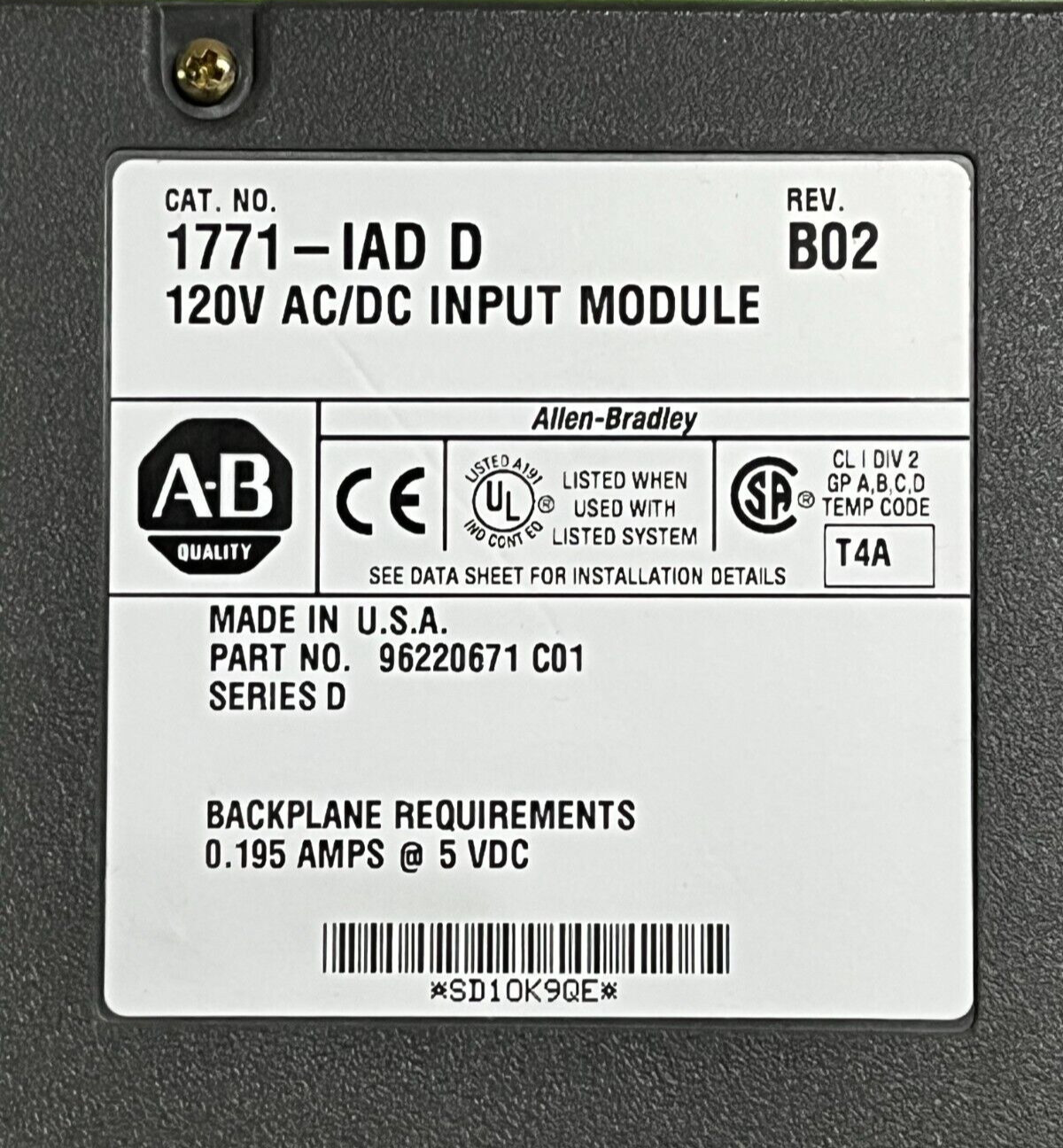 Qty 1 Used Allen Bradley 1771-IAD Ser D Rev B02 Input Module