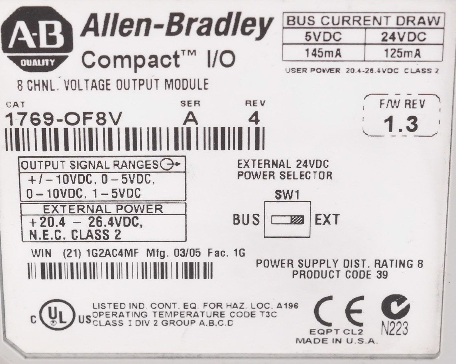 Allen Bradley 1769-OF8V /A CompactLogix 8-Pt Output Voltage Module 1769OF8V