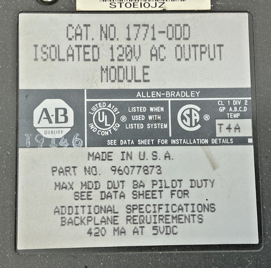 Allen Bradley 1771-ODD Isolated AC Output Module 16-Point 8A 120VAC 1771ODD