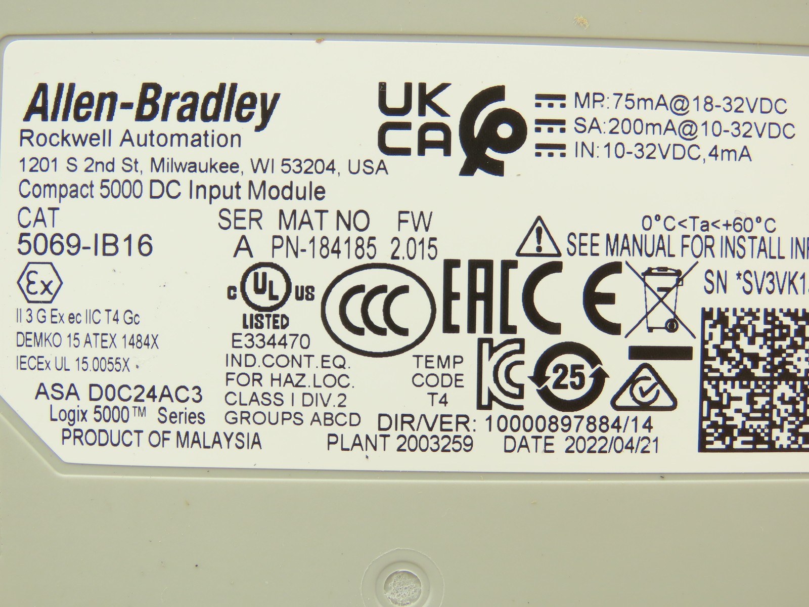 Allen Bradley 5069-IB16 Compact I/O Input Module 24V 16 Channel FW 2.015