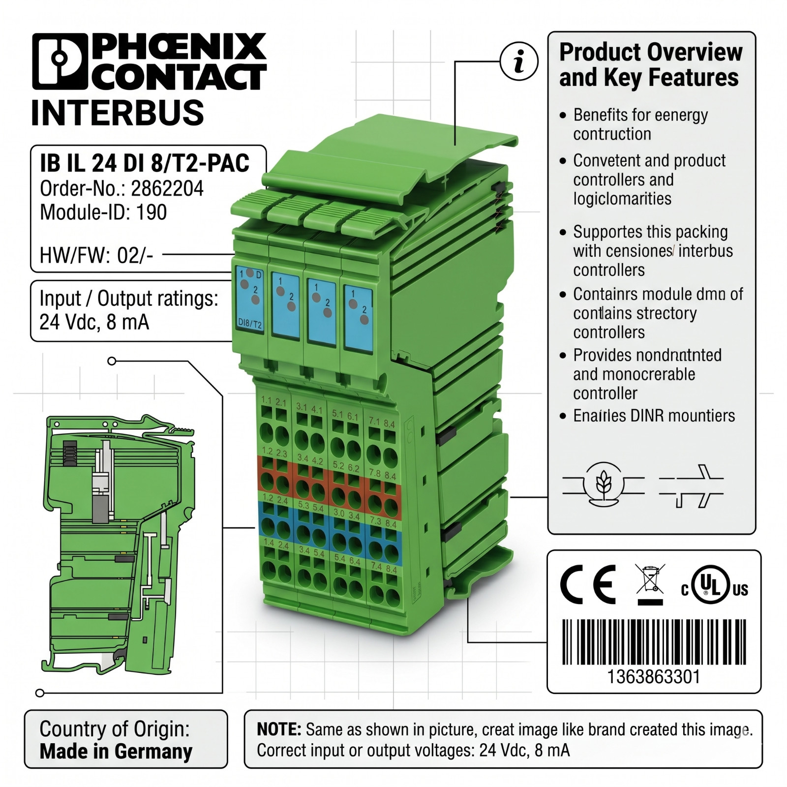 PHOENIX CONTACT 2862204 IB IL 24 DI 8/T2-PAC DIGITAL INPUT MODULE INTERBUS