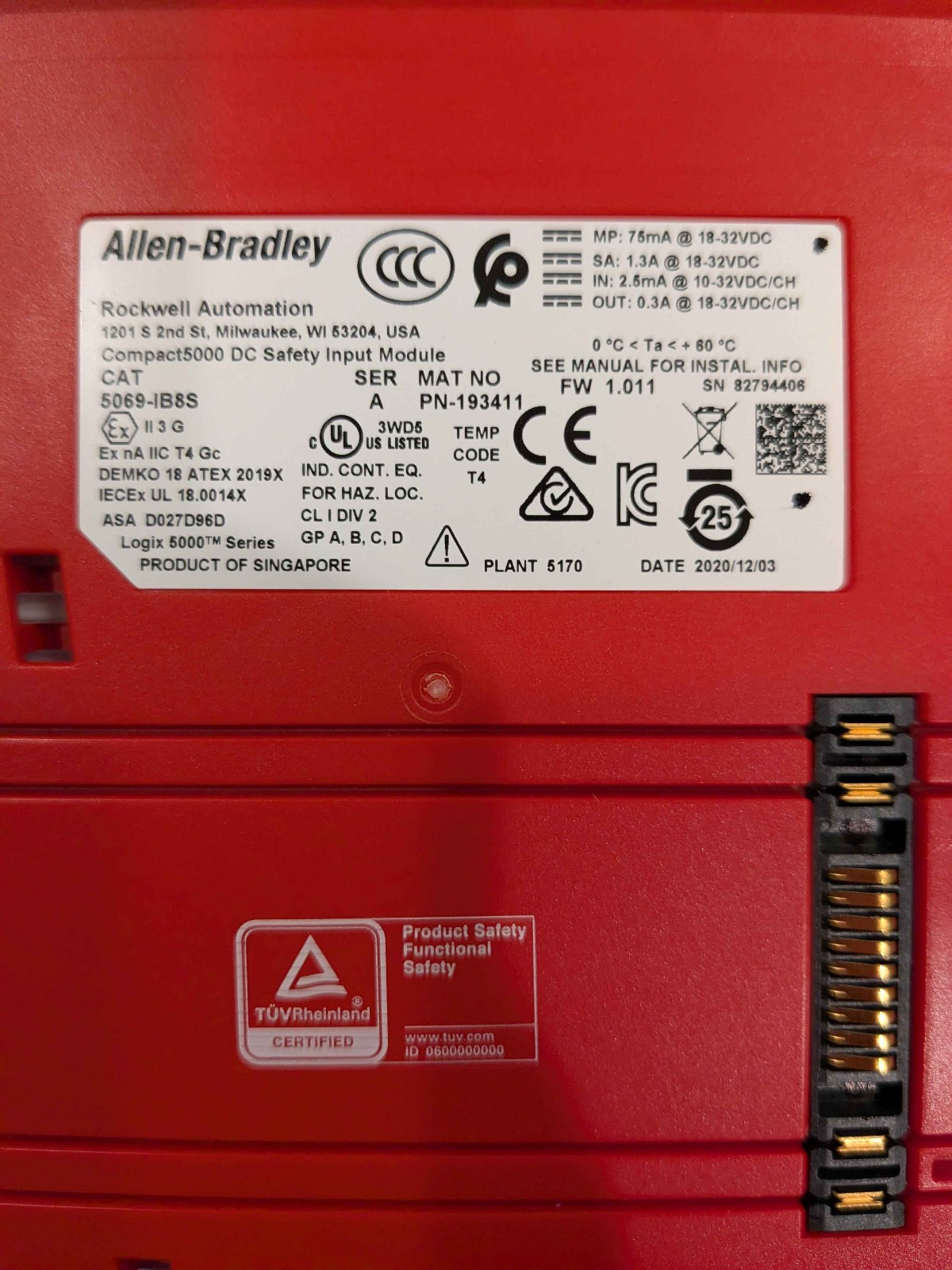Allen-Bradley CompactLogix 5000 8 Channel 24VDC Safety Input Module Unused