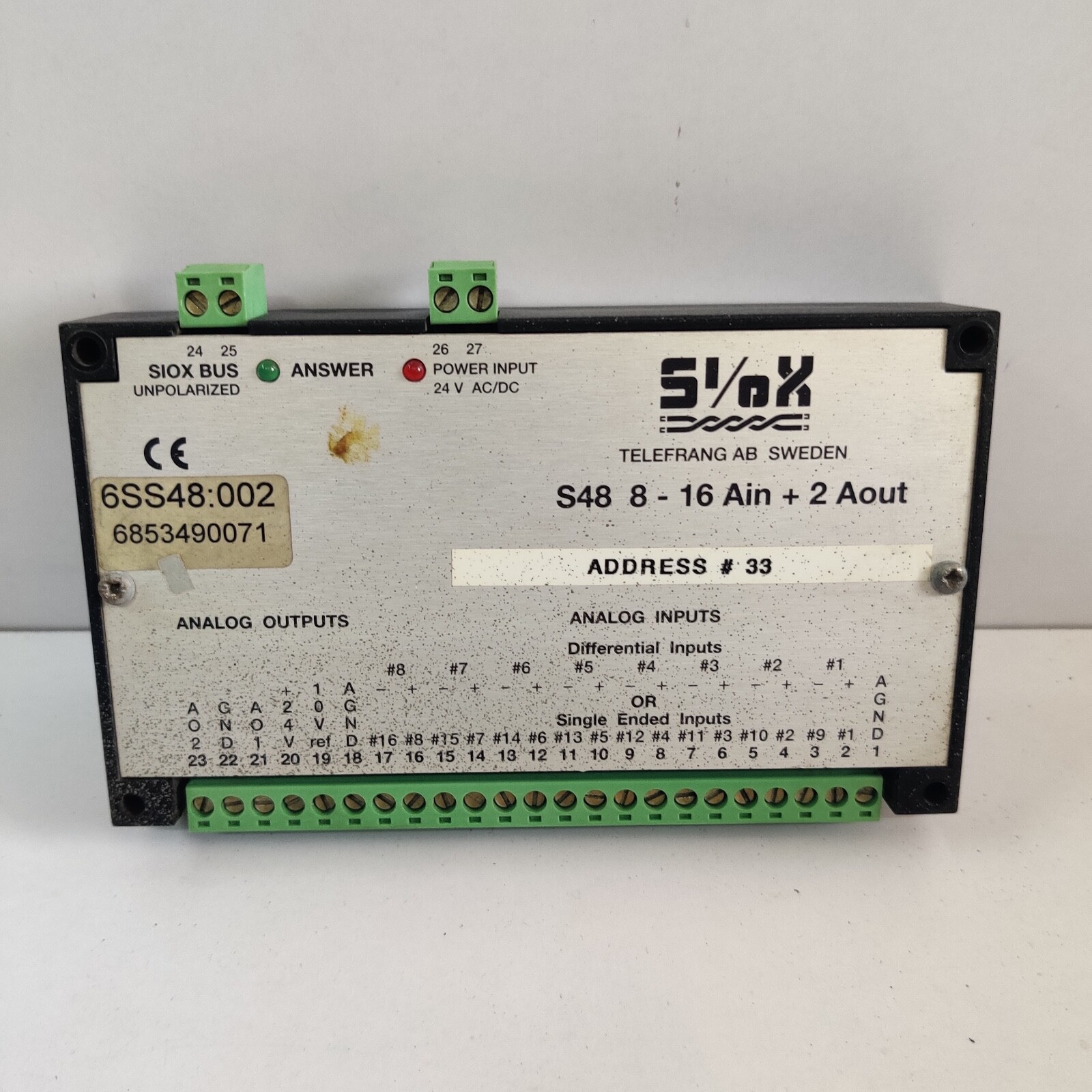 SIOX TELEFRANG S48- 8-16 AIN + 2 AOUT ANALOG INPUT OUTPUT MODULE