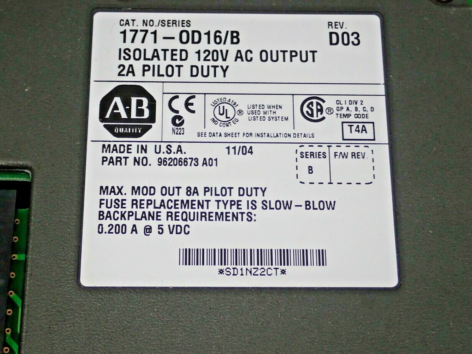 ALLEN BRADLEY 1771-OD16/B ISOLATED 120V AC OUTPUT 2A PILOT DUTY REV DO3 SERIES B