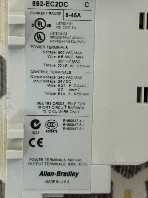 ALLEN BRADLEY 592-EC2DC E3 Plus 9-45 Amp Overload for DeviceNet with 193-EIMD In