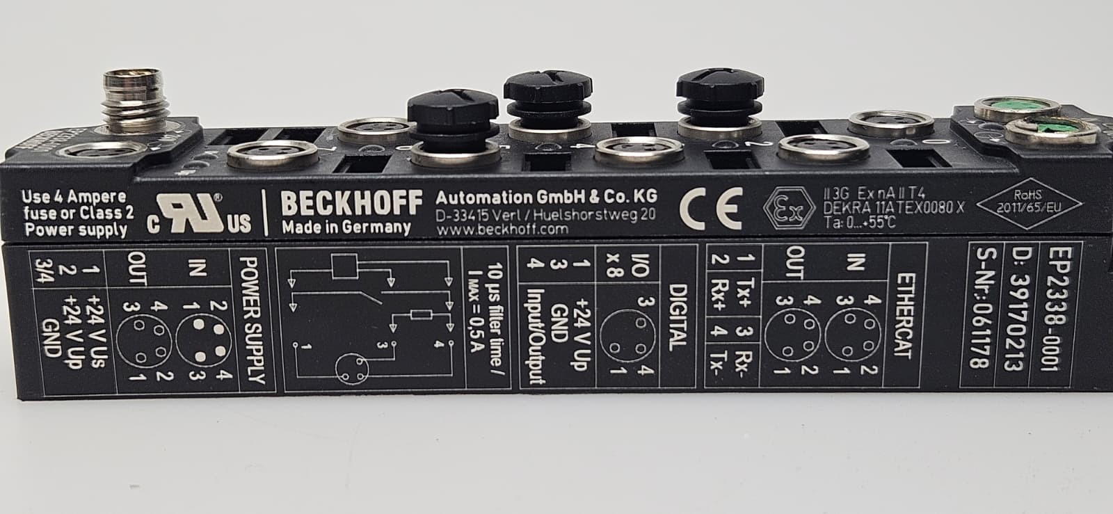 Beckhoff EP2338-0001 EtherCAT Box 8 Channel Digital Combo 24V DC 10μs 0.5A, M8