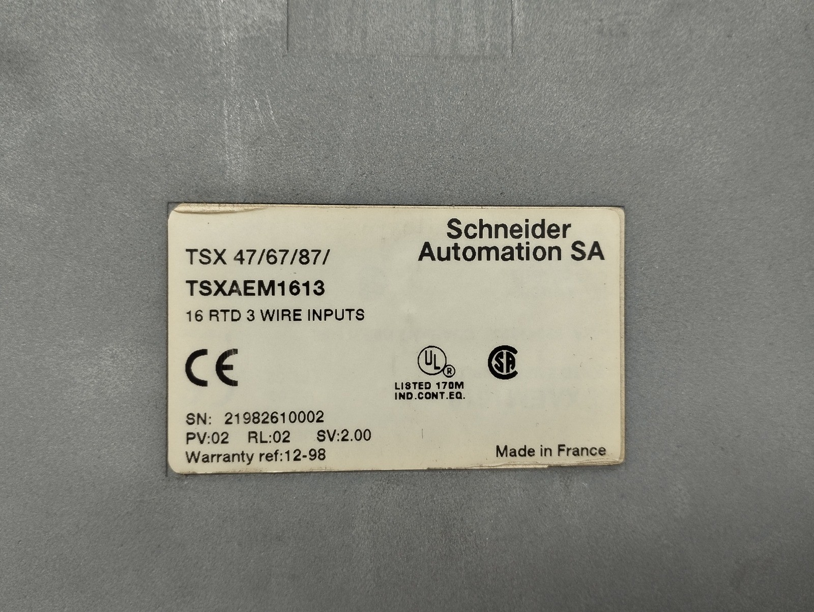 TSXAEM1613 – Schneider TELEMECANIQUE – TSXAEM1613 / Analog Input Module Used