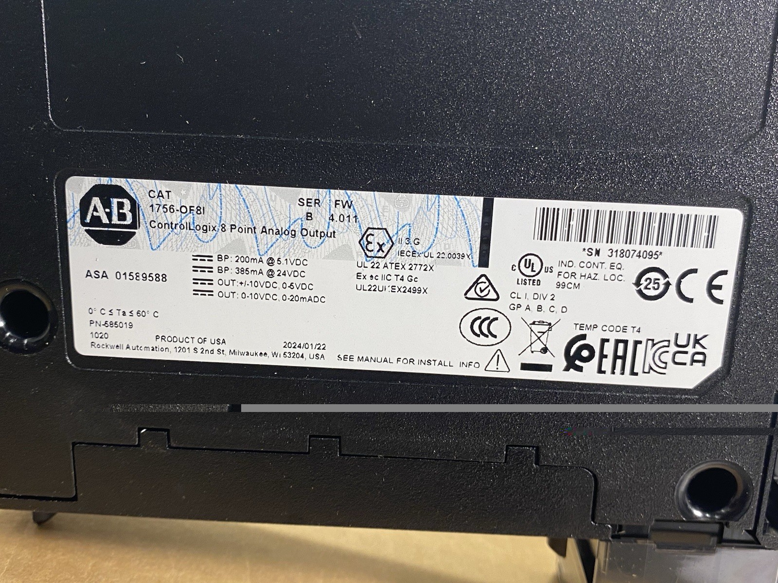 2024 Allen Bradley 1756-OF8I Ser B ControlLogix PLC Analog 8-Point Output Module