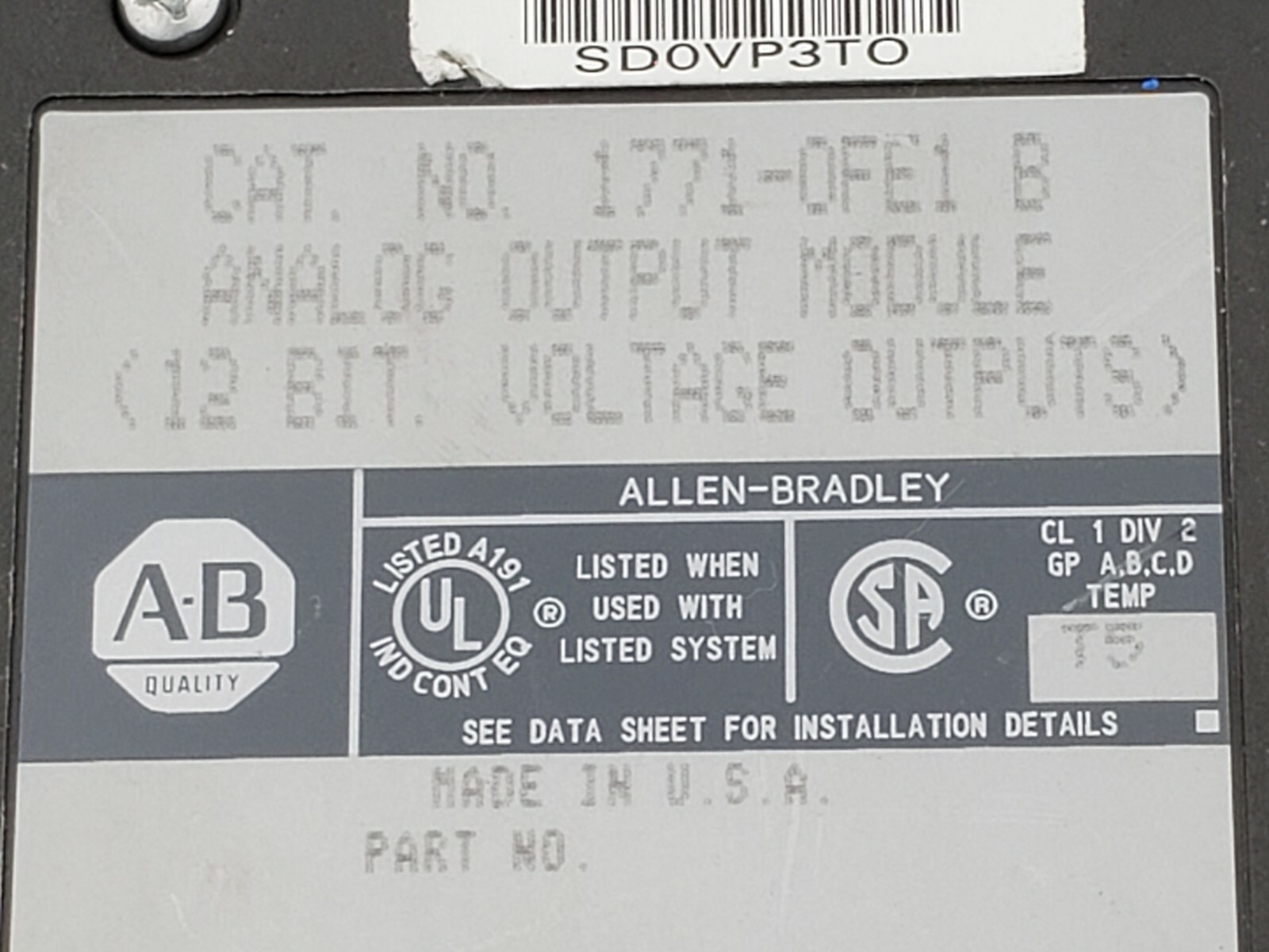 Allen Bradley 1771-OFE1 / 1771-0FE1 Analog Output Module, Series B, F/W Rev. B