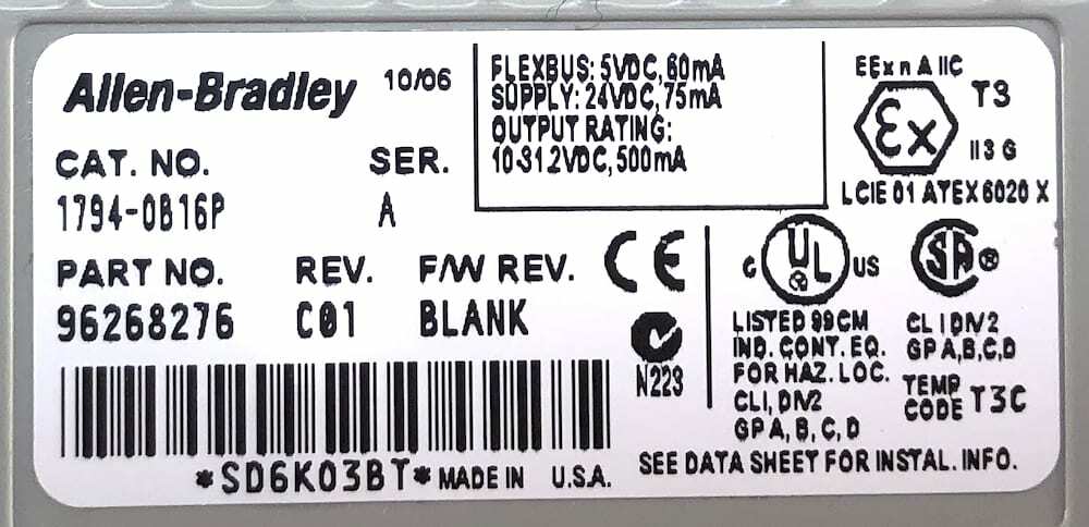 Allen Bradley 1794-OB16P Rev C01 24V Source Output Module w/Base