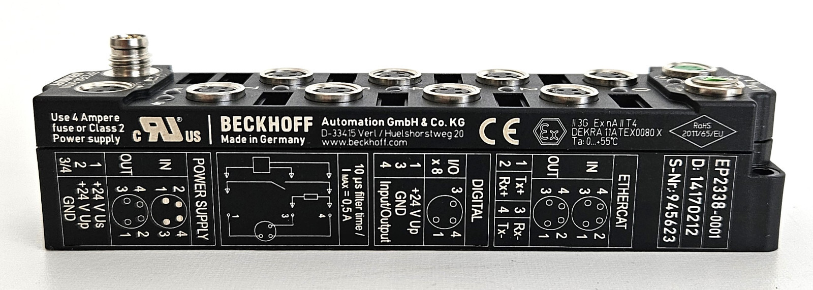 Beckhoff EP2338-0001 EtherCAT Box, 8-Channel Digital Combo, 24V DC, 10μs, 0.5A