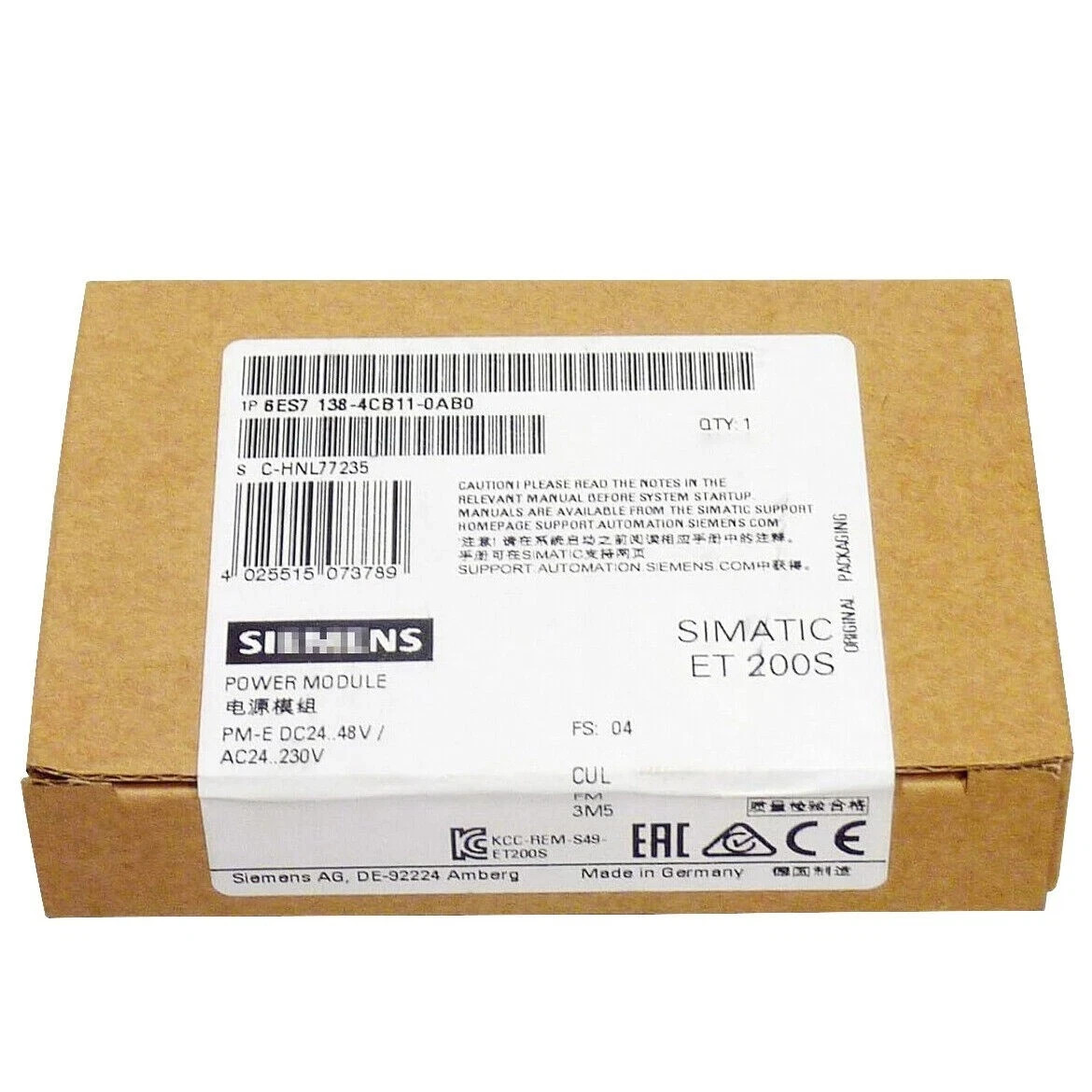 6ES7 138-4CB11-0AB0 NEW SIEMENS 6ES7138-4CB11-0AB0 SIMATIC DP PM-E Power Modules