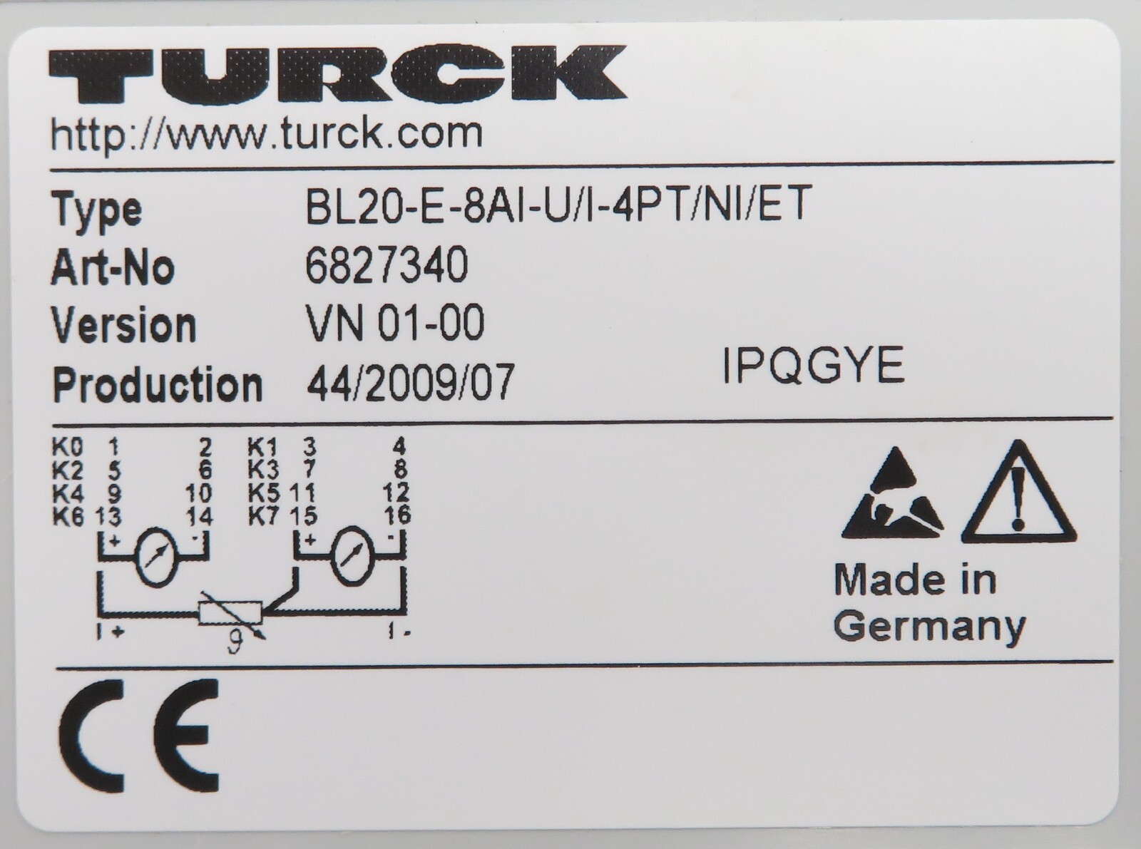 TURCK BL20-E-8AI-U/I-4PT/NI/ET Economy Module Analog Input, Temperature VN 01-00