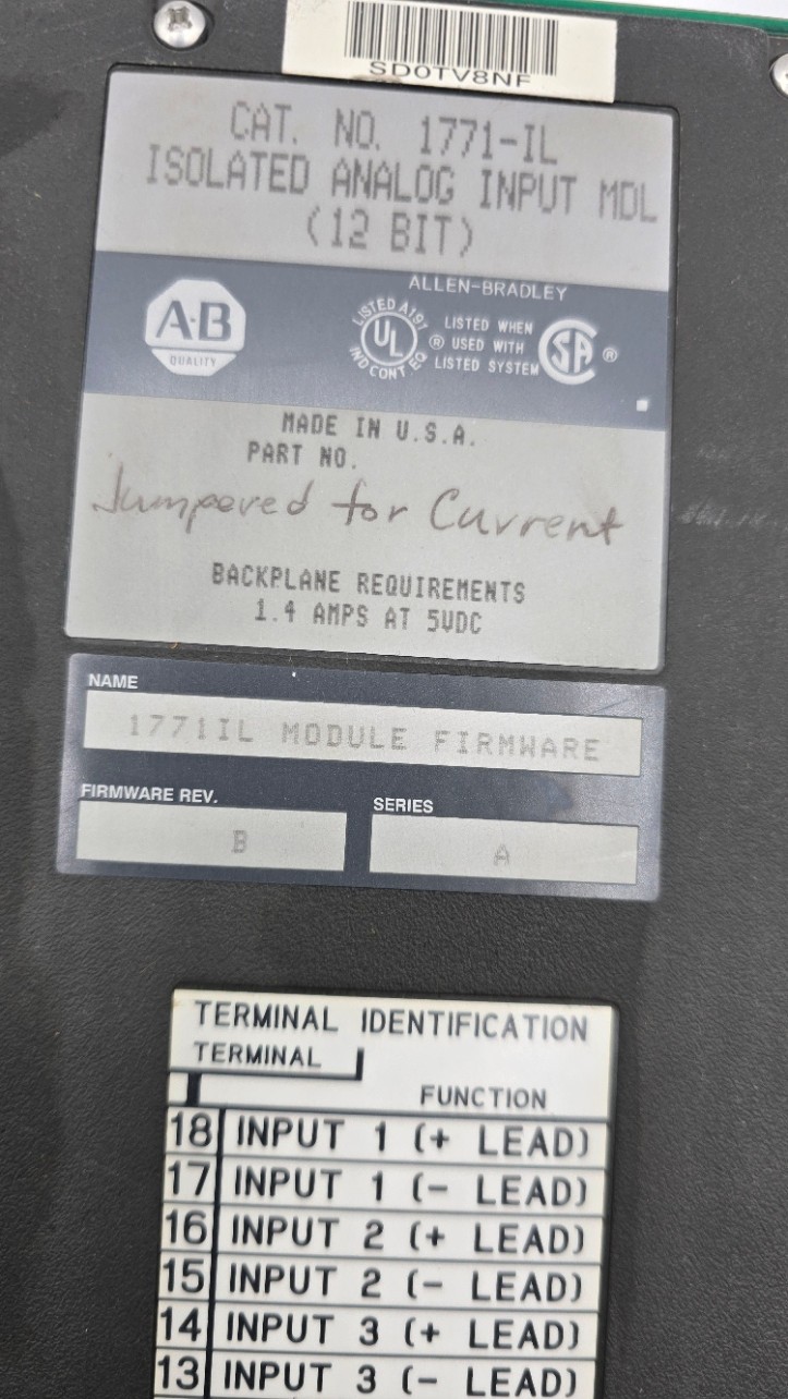 ALLEN BRADLEY 1771-IL ISOLATED ANALOG INPUT MODULE 12 BIT Rev. B SER. A 1.4A 5V