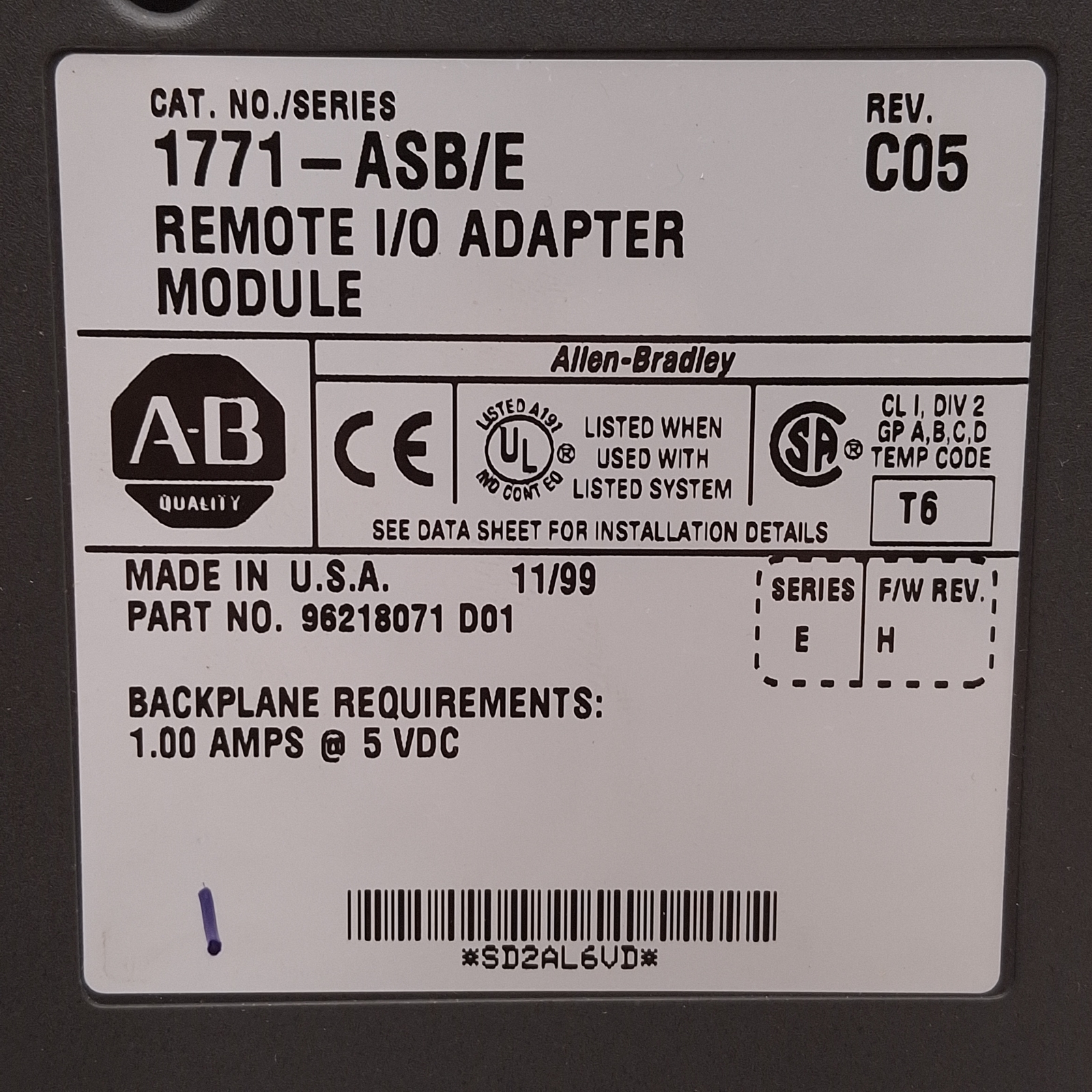 Allen Bradley 1771-ASB E Remote I/O Adapter Module, 32 Digital I/O, 5VDC 1A
