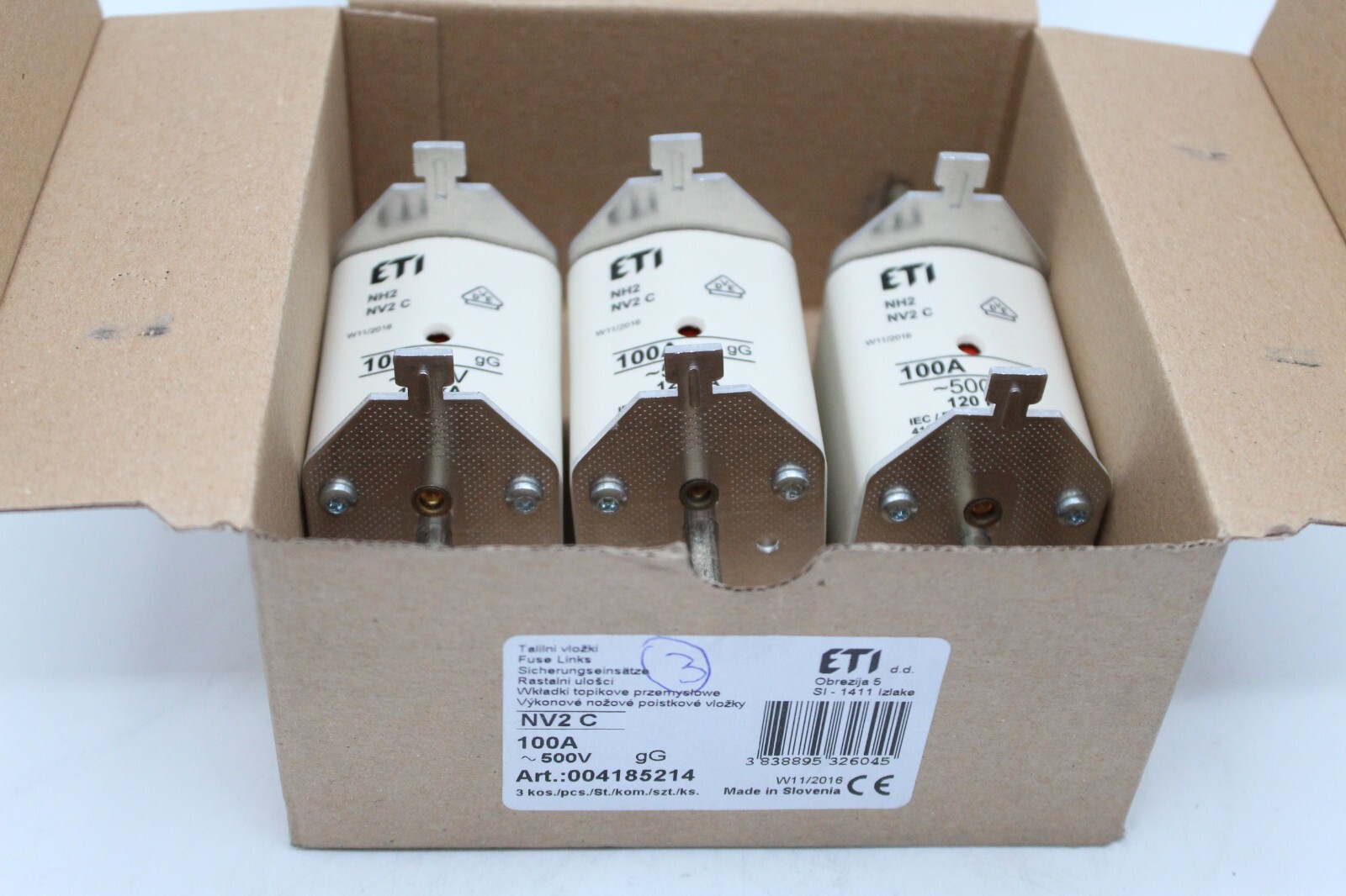 ETI NV2 C, 100A 500V, gG 004185214, 3 Pack