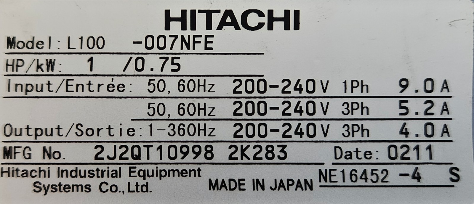 Hitachi L100-007NFE VFD 1HP 240V Single to 3 Phase Inverter Drive PARTS
