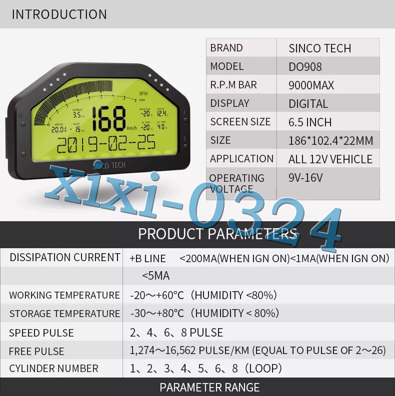 SINCO TECH DO908 Car Race Dash Dashboard Display Gauge LCD Full Sensor Kit 9-16V