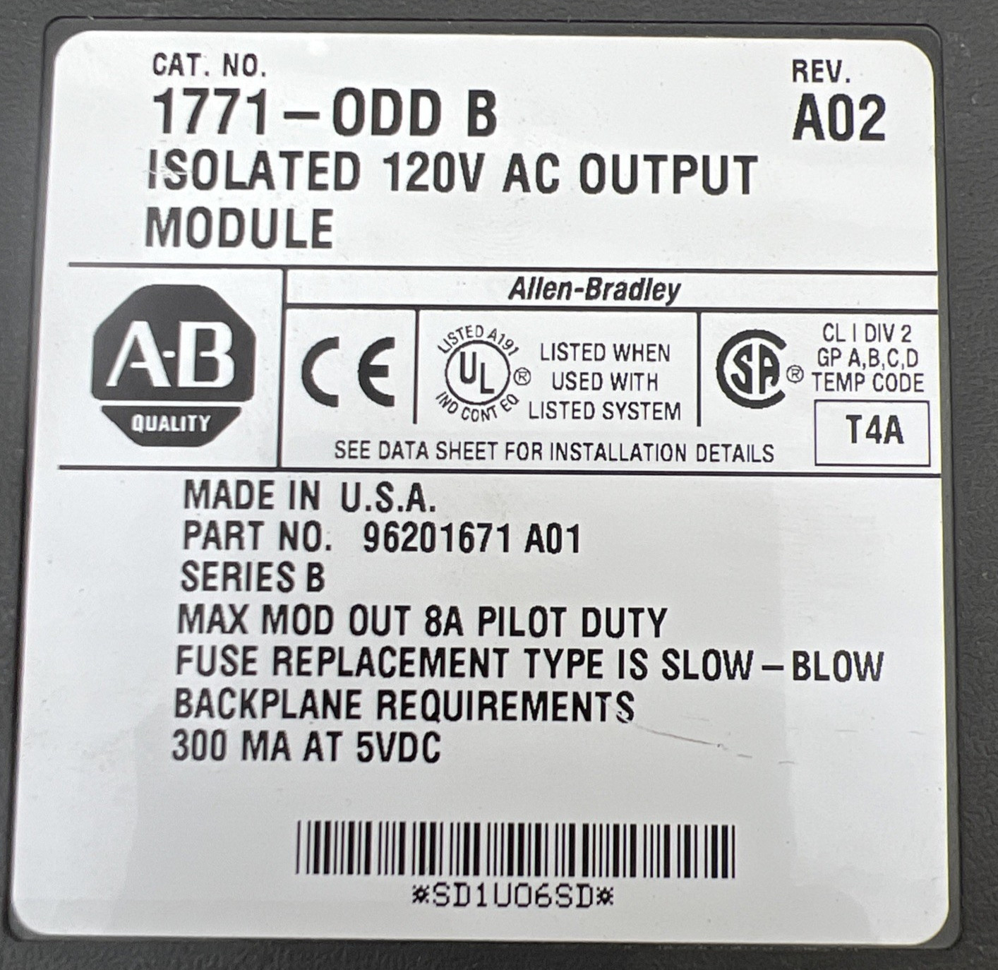 Allen Bradley 1771-0DD B Isolated 120V AC Output Module REV AO2 1771-ODD Used