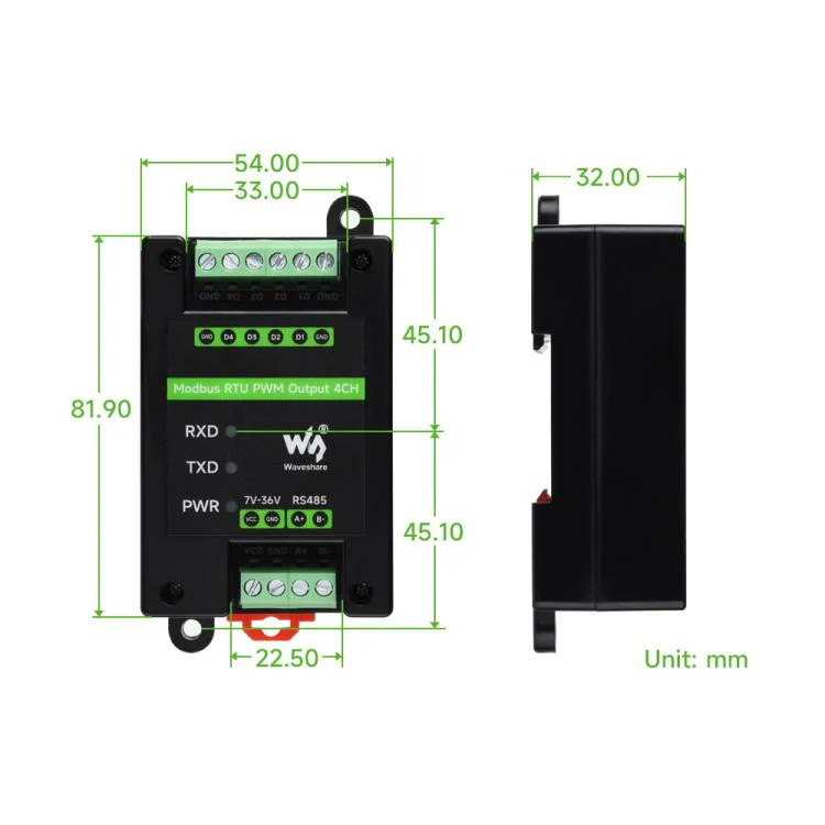 Waveshare Industrial 4-Ch PWM Output Module Modbus RTU RS485, Adjustable Frequen