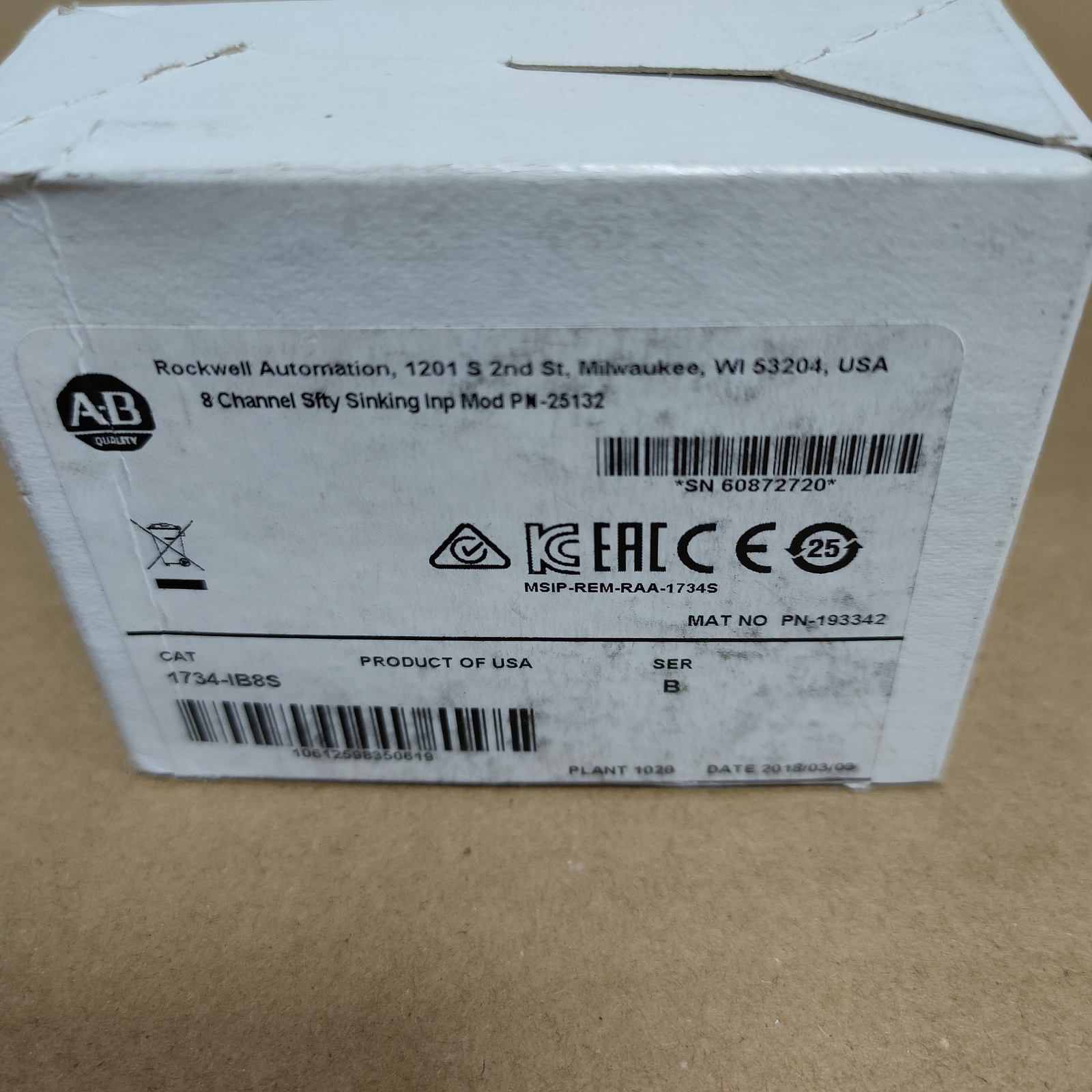 AB 1734-IB8S Ser B 8 Channel Sfty Sinking Input Module 1734IB8S New Sealed TX