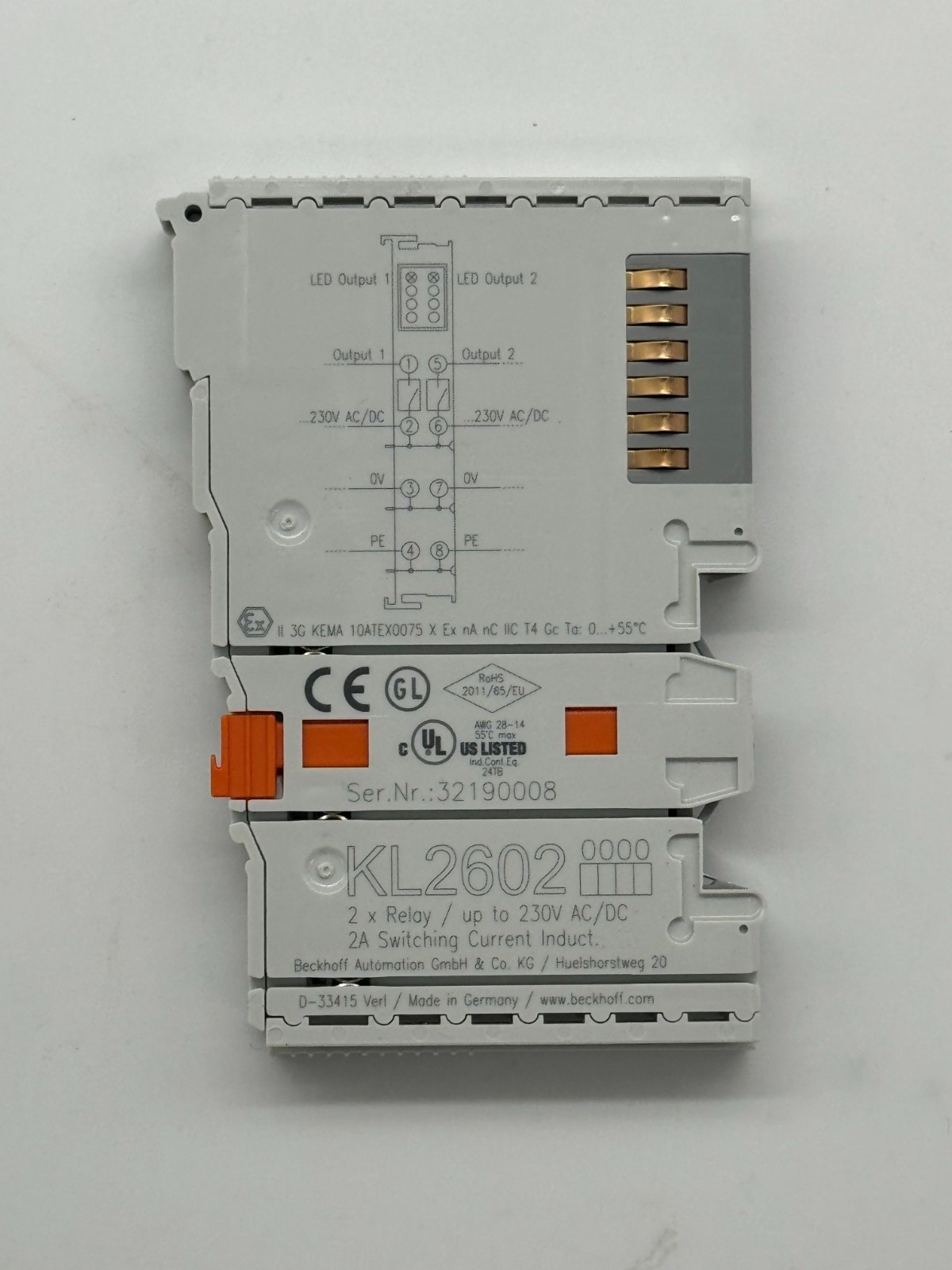 Beckhoff KL2602 Bus Terminal 2ch relay output 230 VAC 30 VDC 5A PLC MODULE