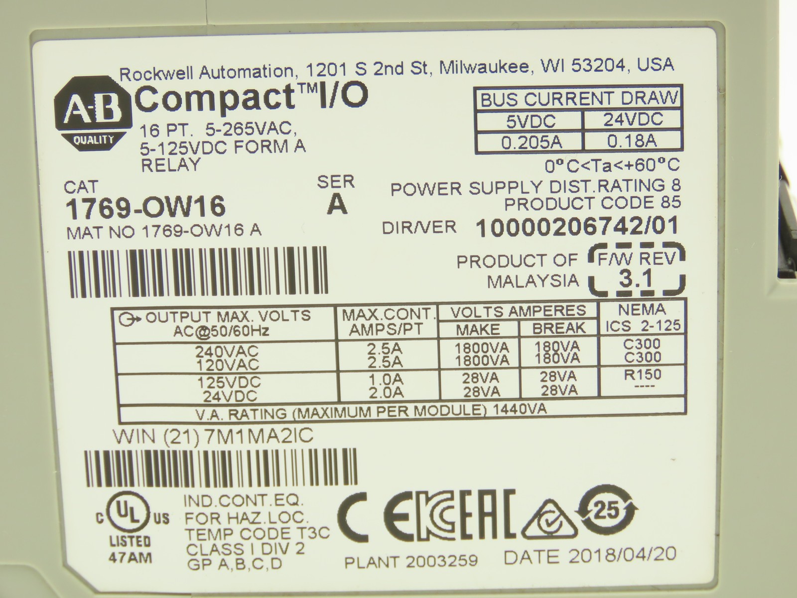 Allen Bradley 1769-OW16 Compact 16 Point Output Relay Module Ser A FW 3.1