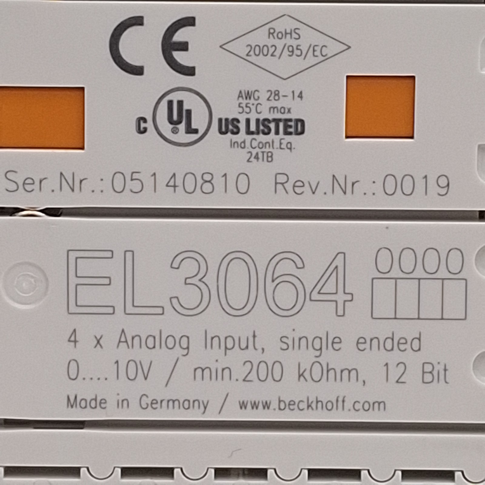 Beckhoff EL3064 EtherCAT Terminal, 4-Channel Analog Input, 0-10V, 12-bit