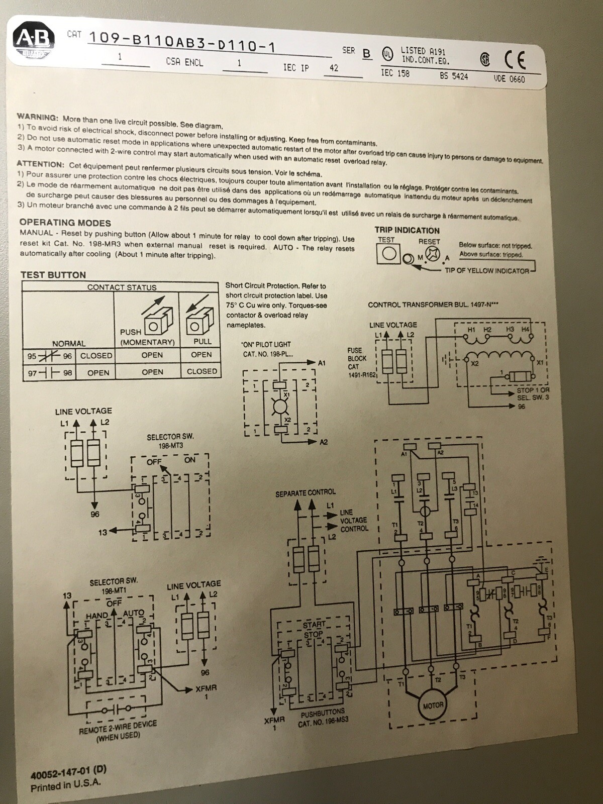 allen bradley CAT 100-B11N*3 SerB 3ph Motor Starter Contactor /Enclosure,wired.