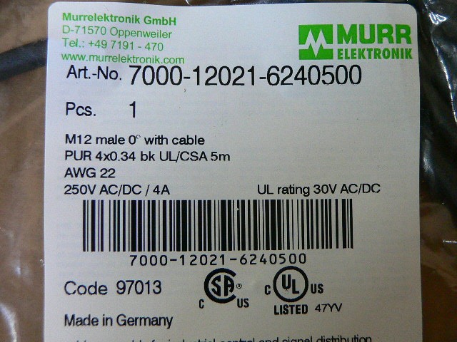 Murr Elektronik 7000-12021-6240500 7000120216240500 M12 Male 0° With Cable