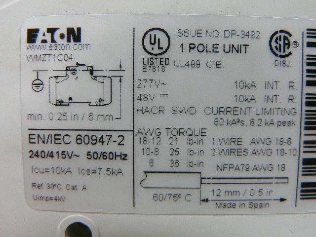 Eaton Wmzt1c04 Circuit Breaker 1 Pole