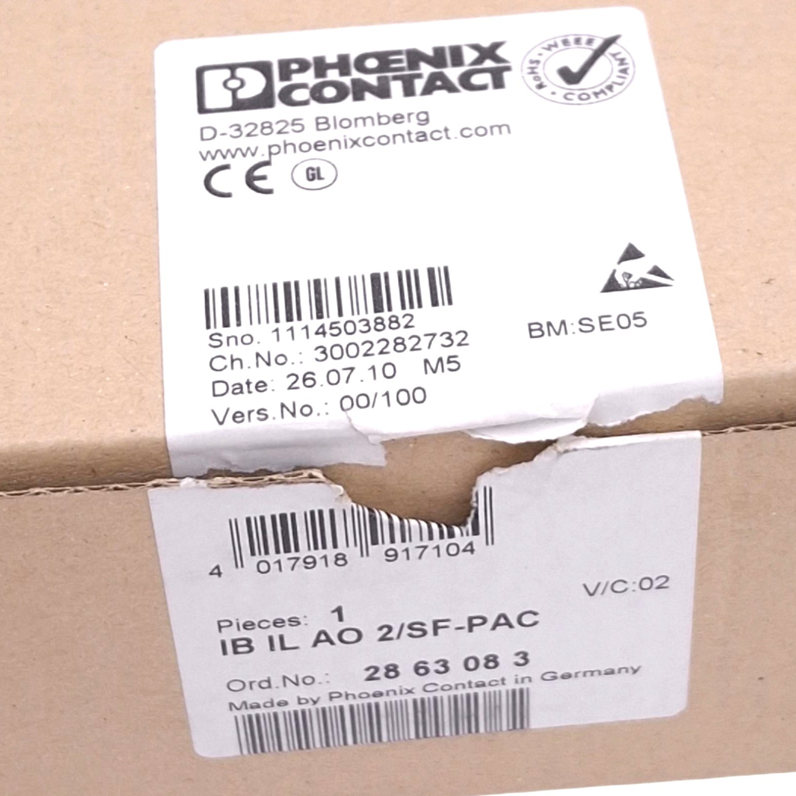 Phoenix Contact 2863083 IB IL AO 2/SF-PAC Analog Output Module, 2-Channel, 24VDC