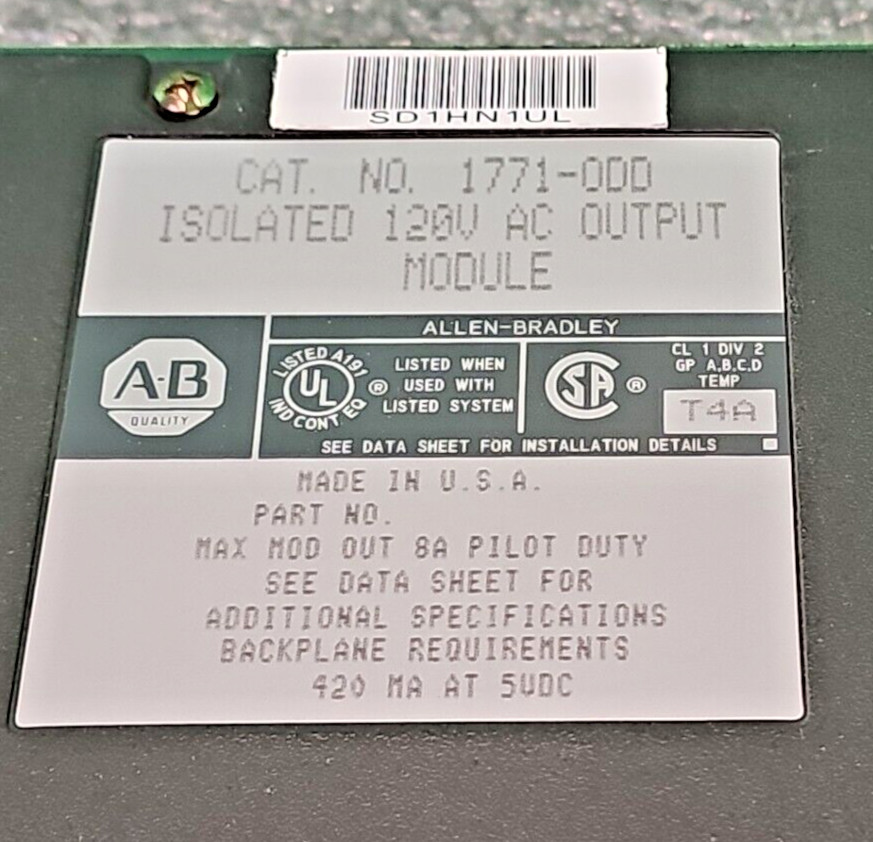 Allen Bradley 1771-0DD Output Module 16 Point 8 AMP Pilot DUTY 120 VAC