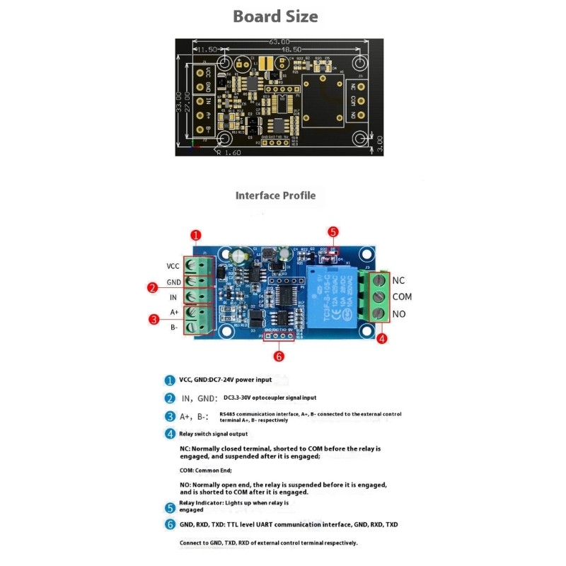 Modbus Rtu Relays Module 3.3-30V Single Channel 485 Communication For Automation