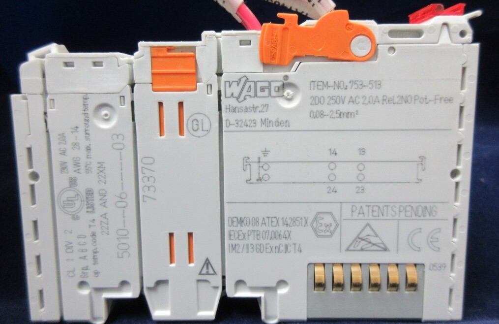 WAGO 753-513 2-CHANNEL RELAY OUTPUT, 250 VAC, 30 VDC, 2 AMPS, 2NO, DIN-35 RAIL