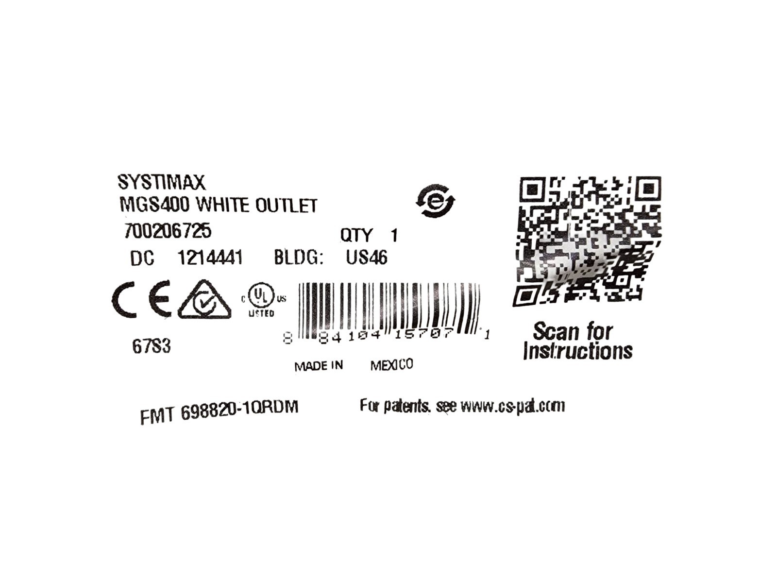 Systimax MGS400 White Outlet 700206725 Modular Jack Faceplate Insert Pack of 8